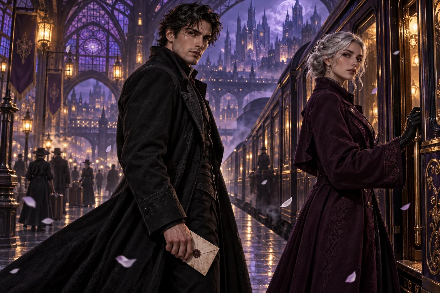 Two mysterious travelers await your arrival at a magical midnight train station